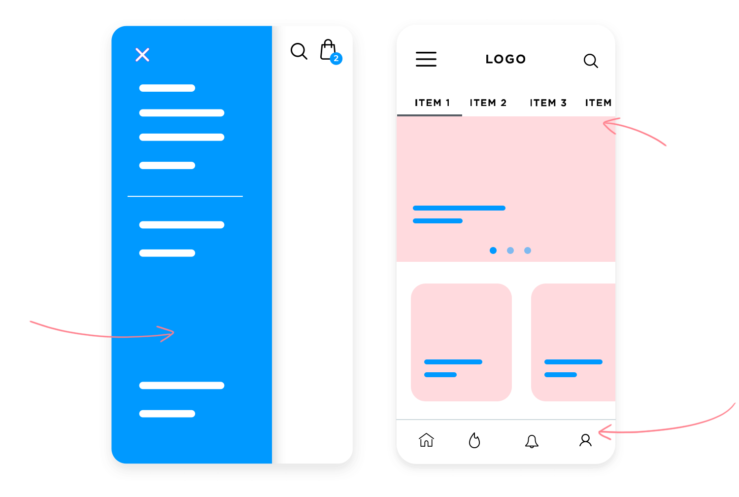 Mobile app design with side menu and navigation bar