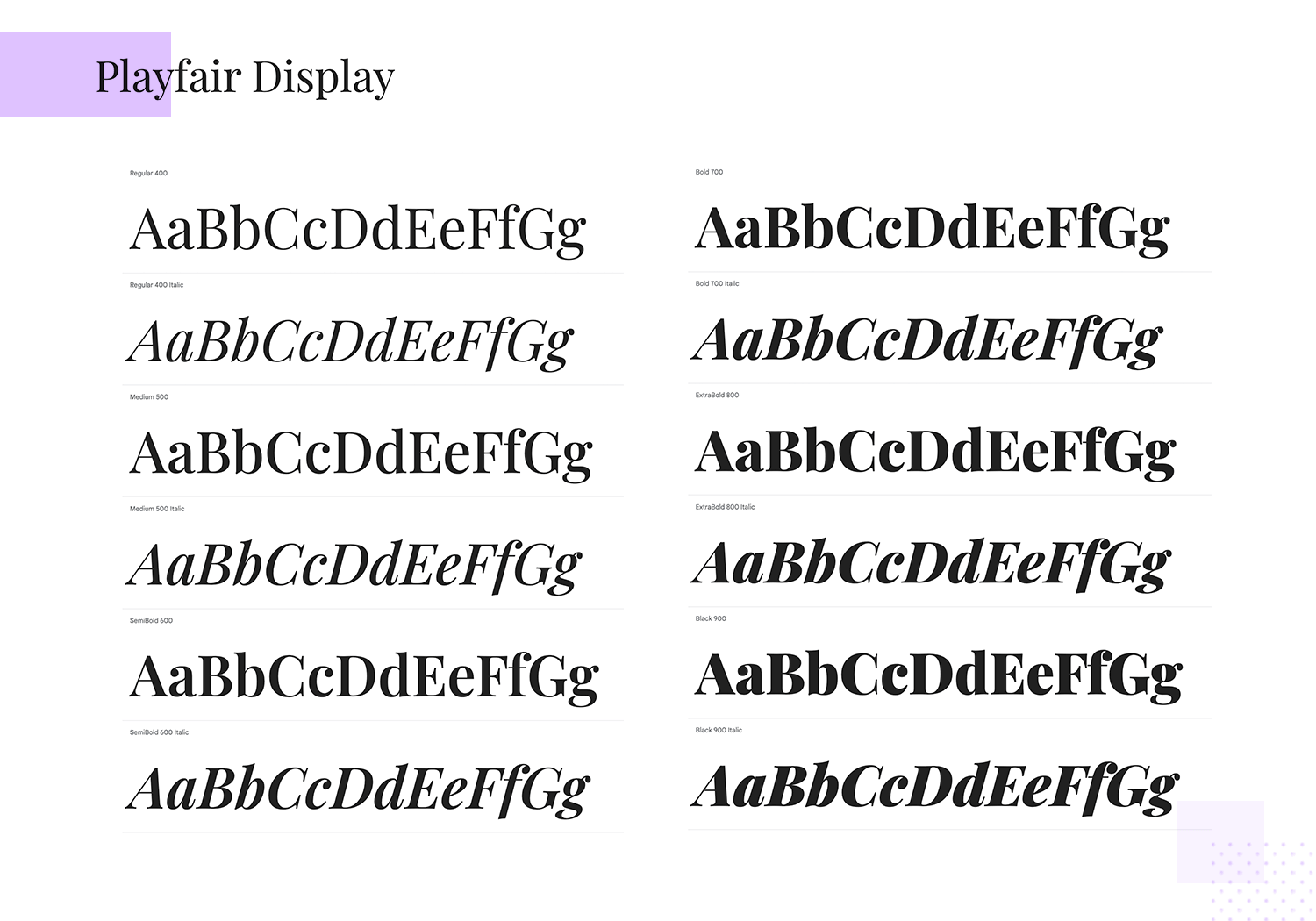 Playfair Display font showcase featuring various weights from Regular 400 to Black 900, including italic styles
