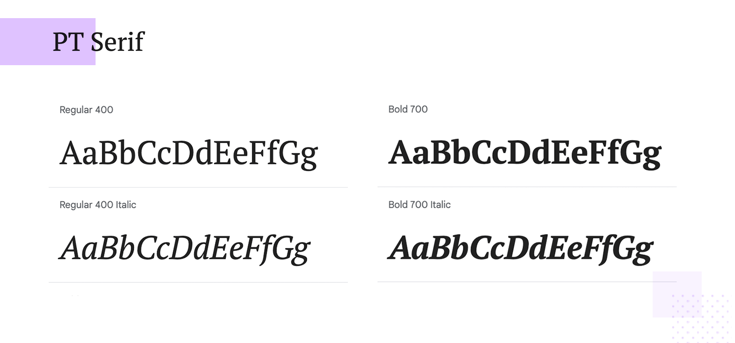 PT Serif font showcase featuring various weights from Regular 400 to Bold 700, including italic styles