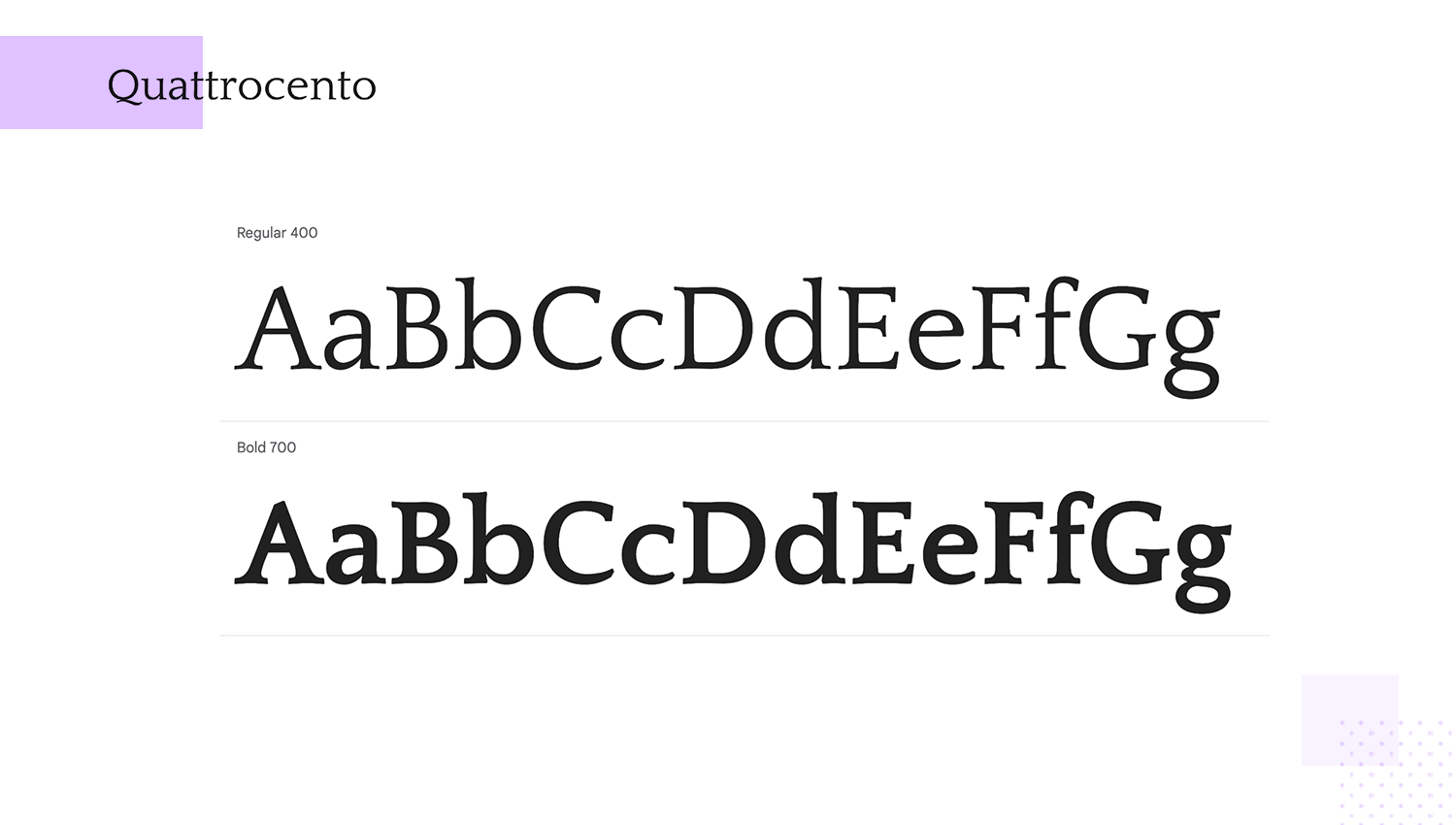 Quattrocento font showcase with Regular and Bold weights