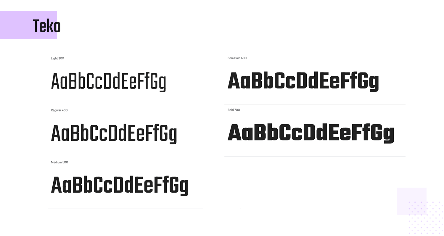 Teko font showcase with Light, Regular, Medium, SemiBold, and Bold weights