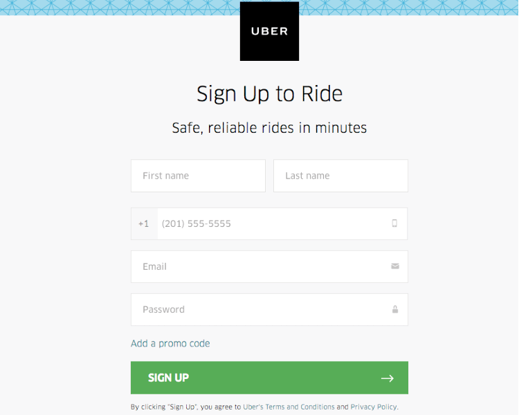 uber as example of landing page with form