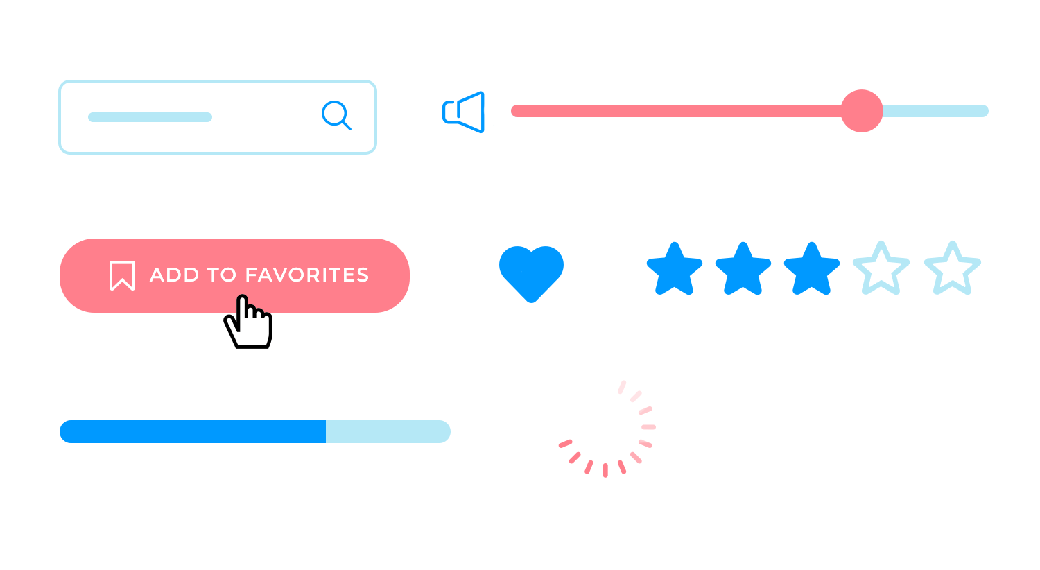 Collection of UI elements: search bar, slider, button, and rating stars