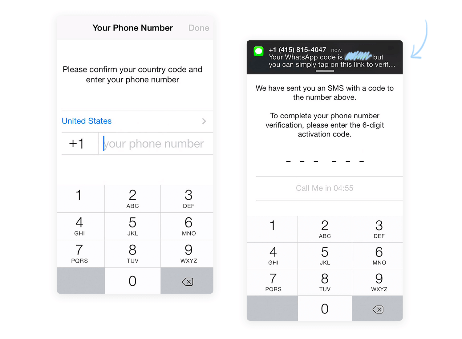 WhatsApp phone number verification screen.