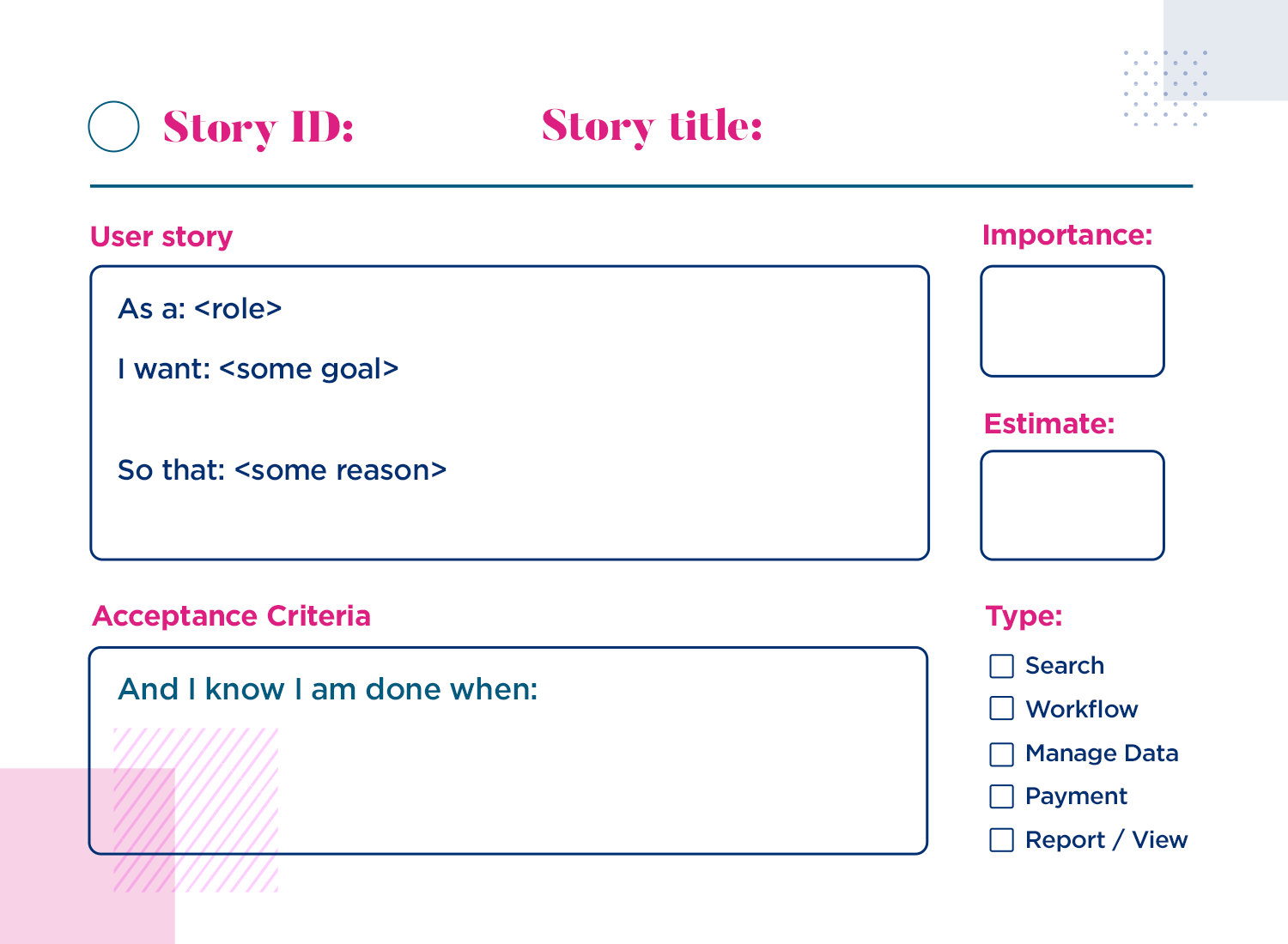 User story template with sections for role, goal, reason, importance, estimate, and acceptance criteria