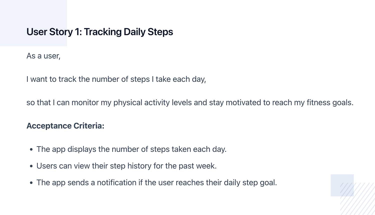 User story for tracking daily steps with acceptance criteria