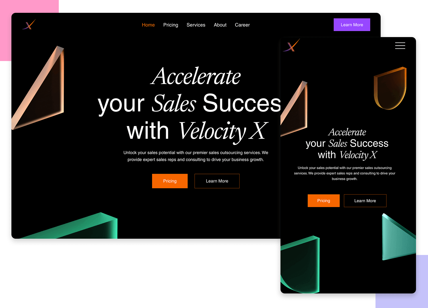 Velocity X responsive website example on desktop and mobile