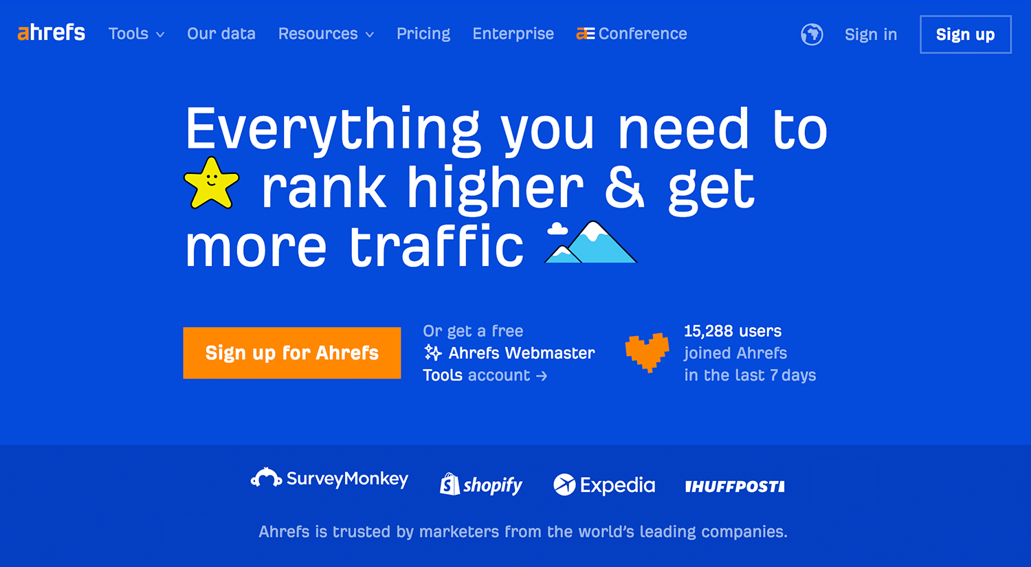 Hero image of Ahrefs promoting tools for higher rankings and more traffic