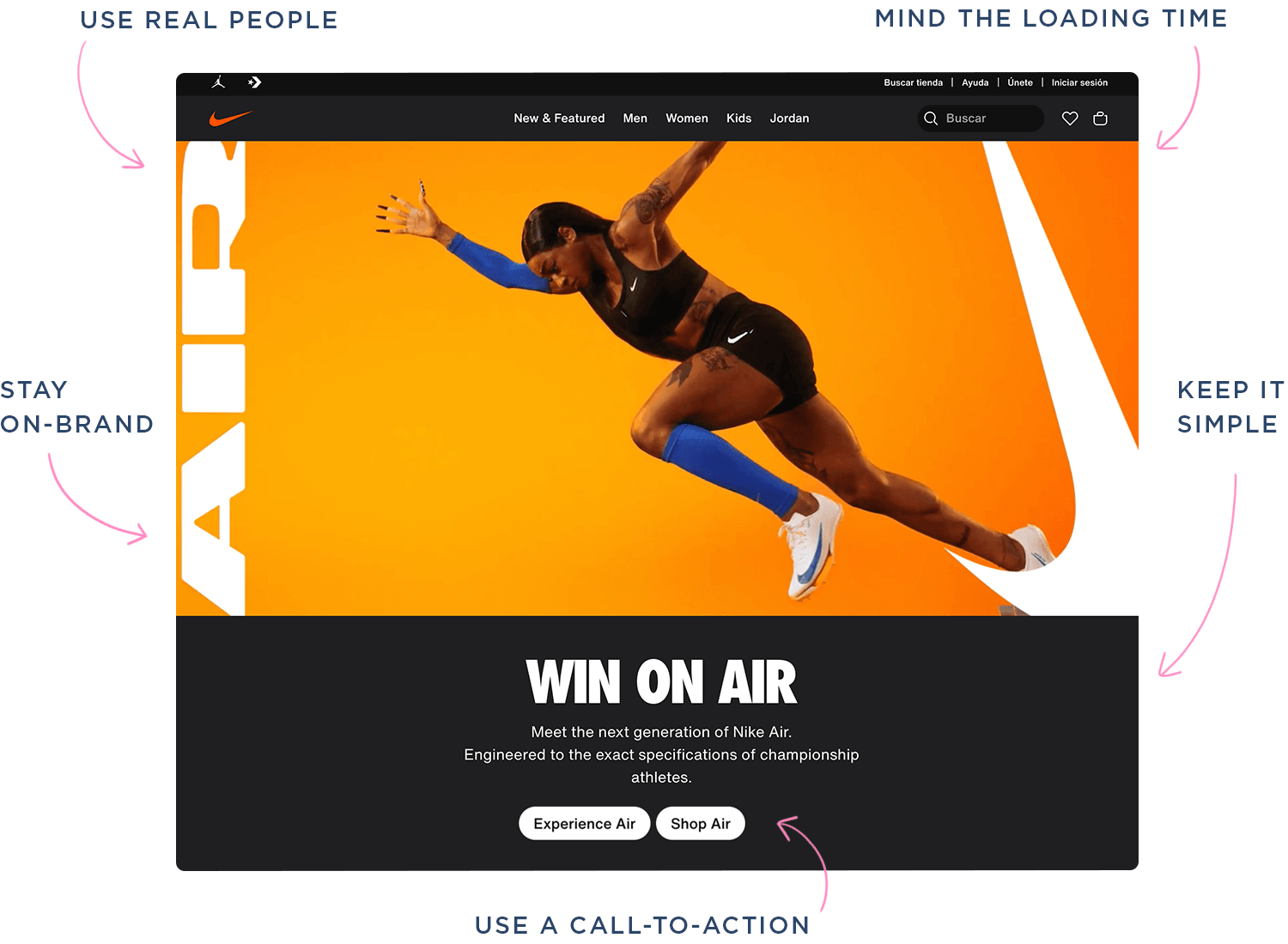 Nike Air hero image featuring a female athlete in mid-jump with call-to-action buttons