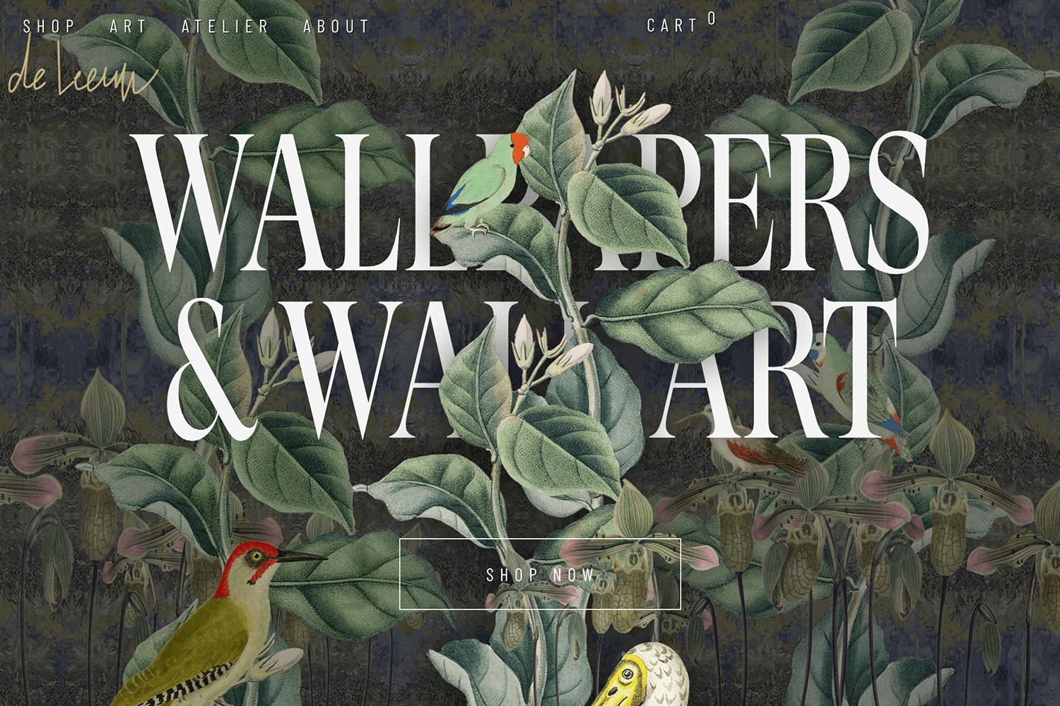Hero image of De Leeuw wallpaper and wall art homepage with nature-themed design