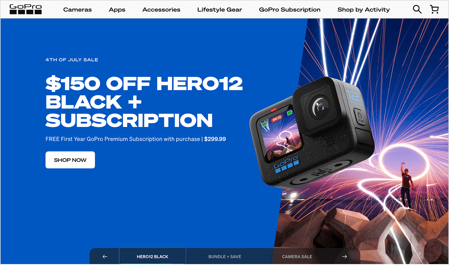 GoPro's hero image with HERO12 Black 4th of July sale with $150 off and subscription