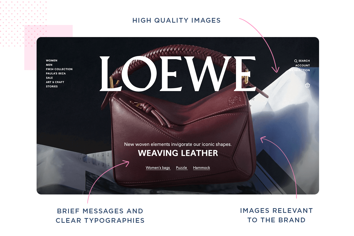 LOEWE weaving leather handbag, high-quality image with clear typography and brand-relevant visuals