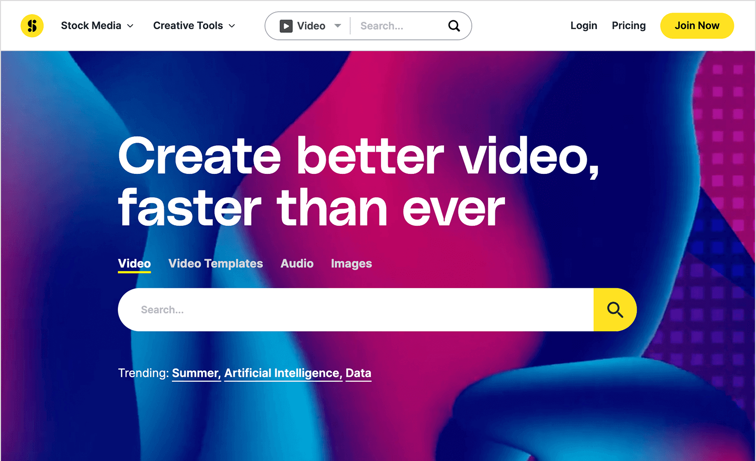 Storyblocks hero image promoting faster video creation with a search bar