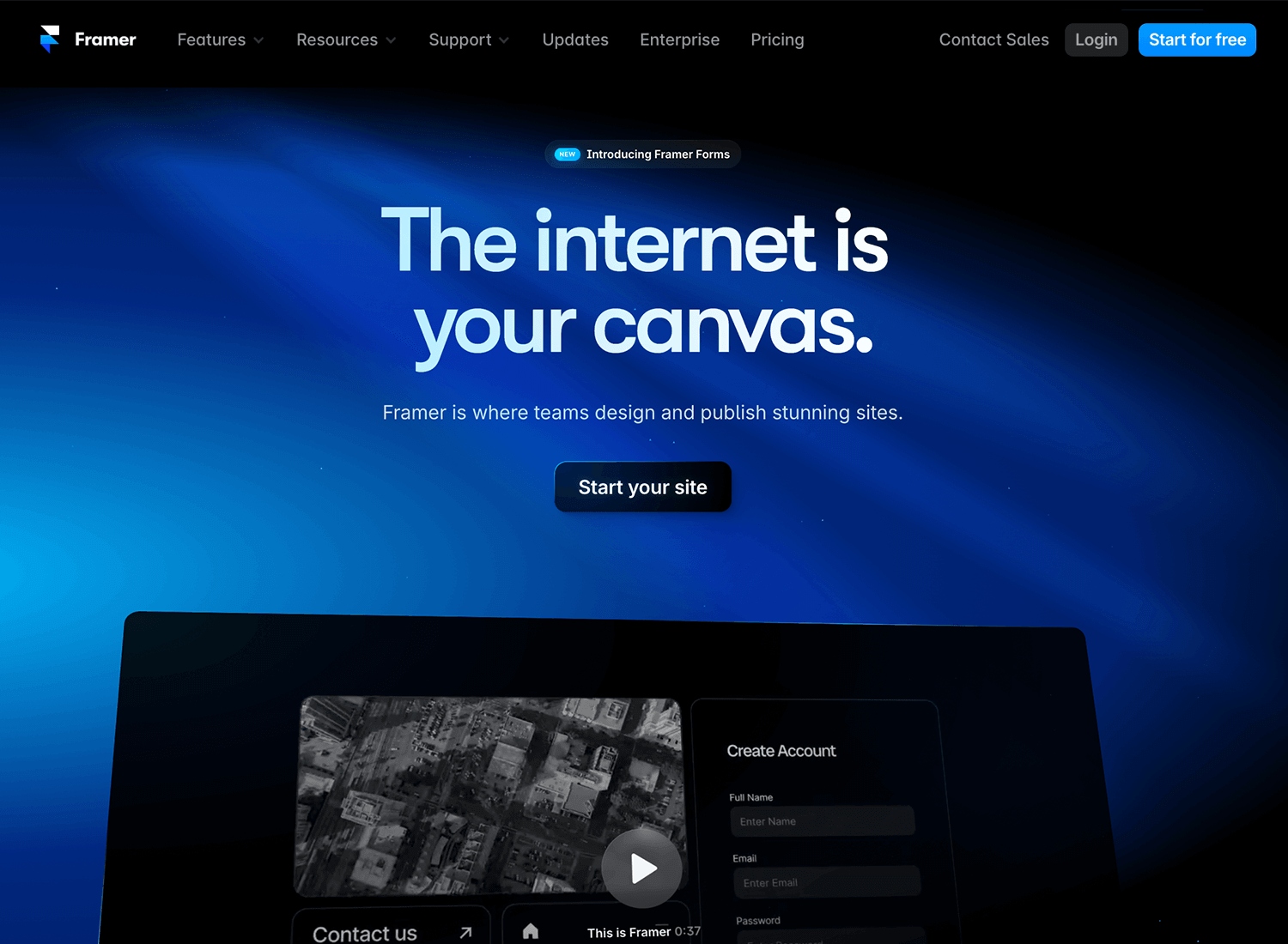 Framer splash screen with bold text 'The internet is your canvas', 'Start your site' button, and a video showcasing website design