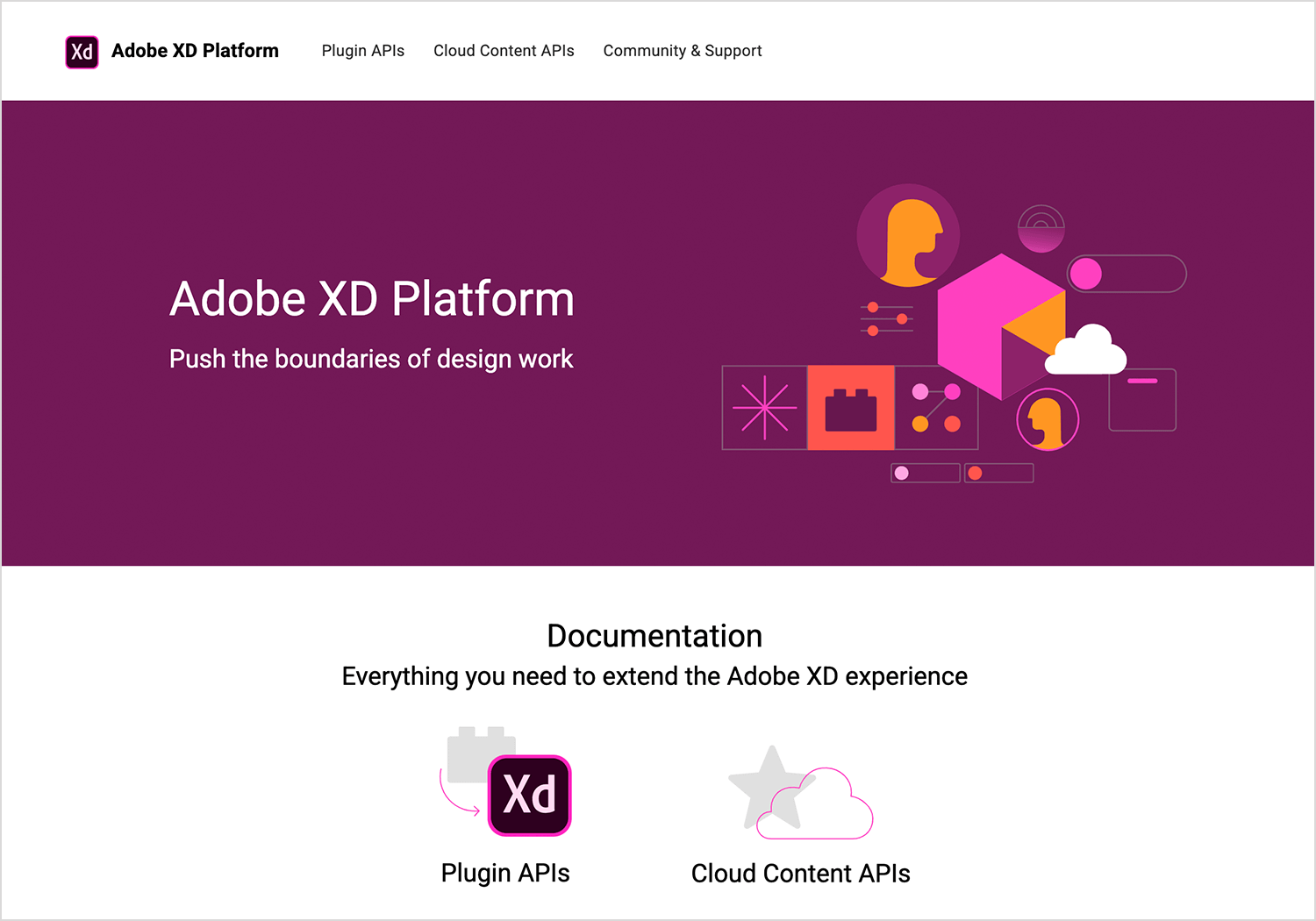 Adobe XD platform homepage highlighting plugin APIs and cloud content for UI/UX design