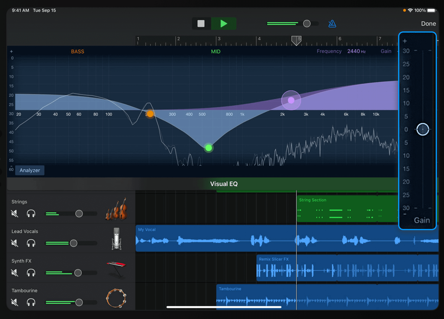 Audio equalizer with visual sliders and sound track adjustments