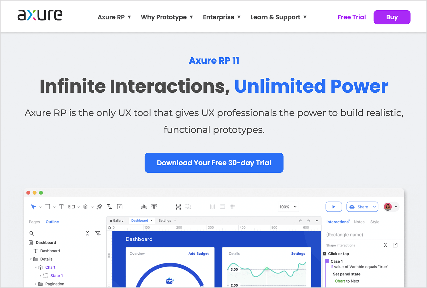 Axure RP 11 homepage promoting advanced UX prototyping with interactions and functionality