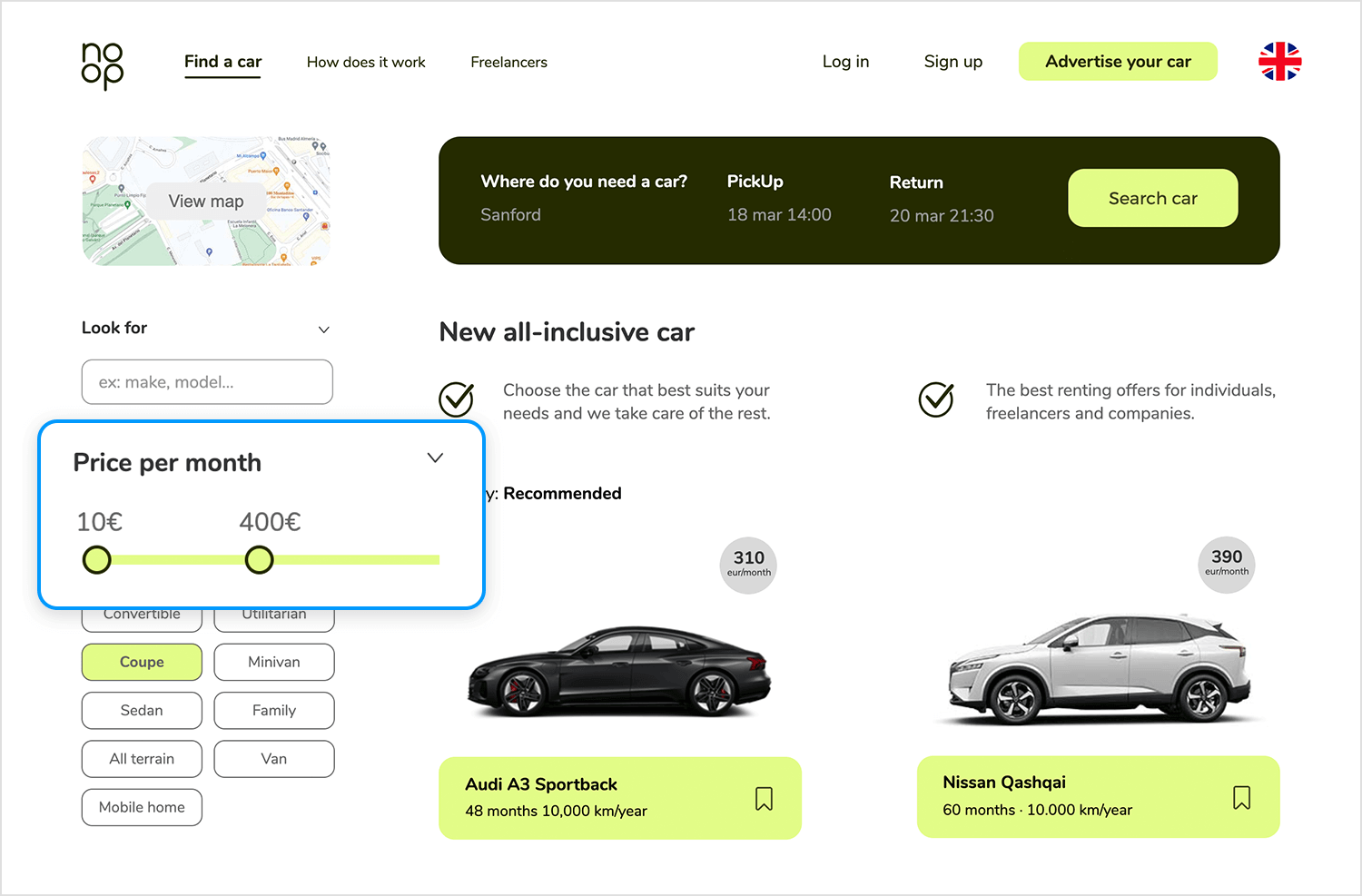 Car rental interface with a price per month slider and vehicle options