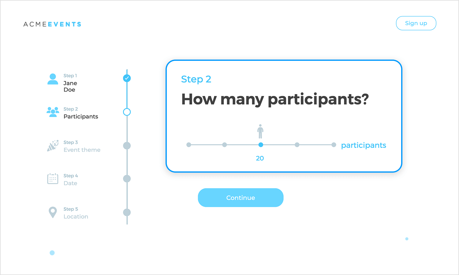 Event registration step with a participant selection slider