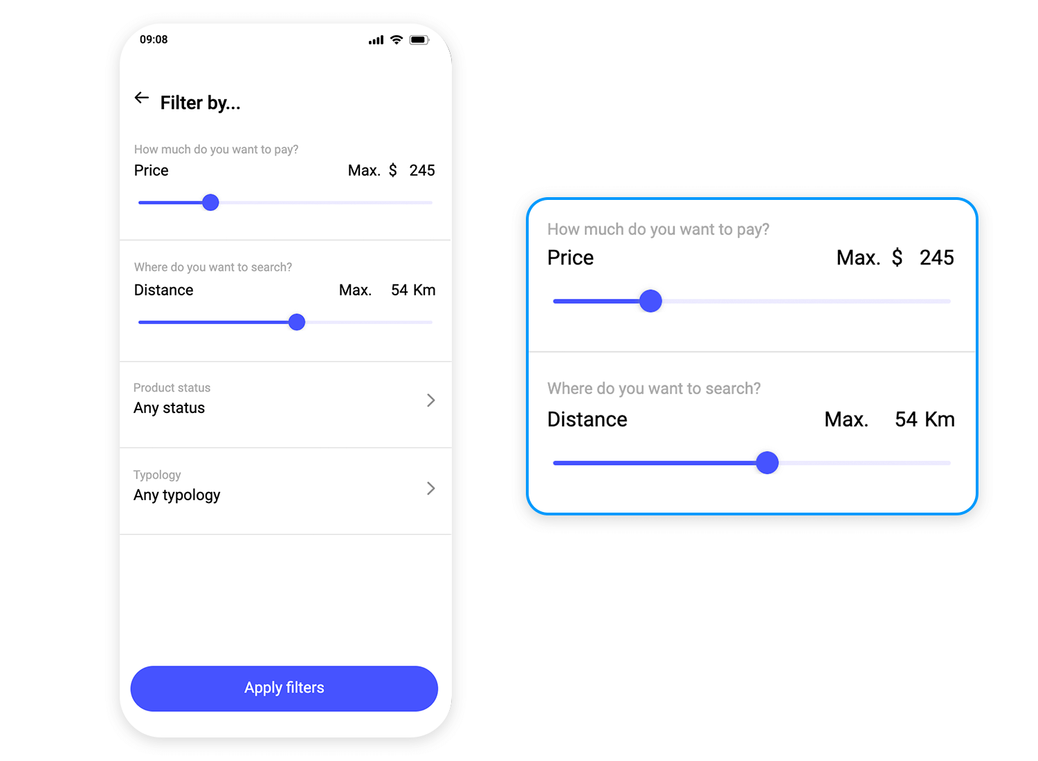 Filter interface with price and distance sliders