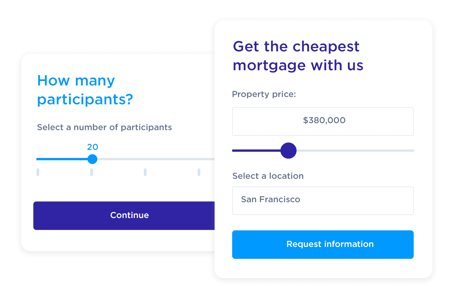 Forms with sliders for selecting participants and mortgage price.