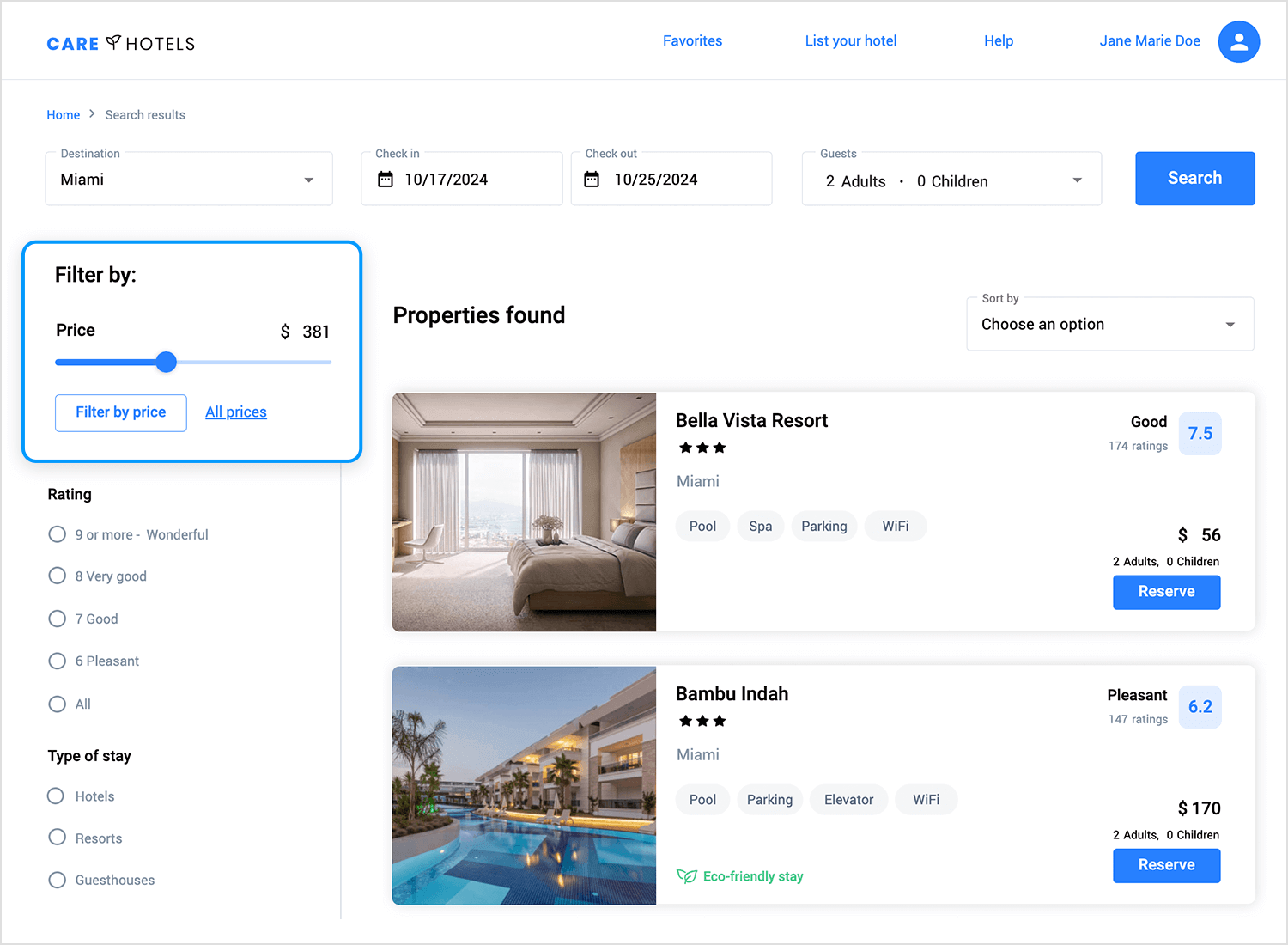 Hotel booking interface with price filter slider and property listings