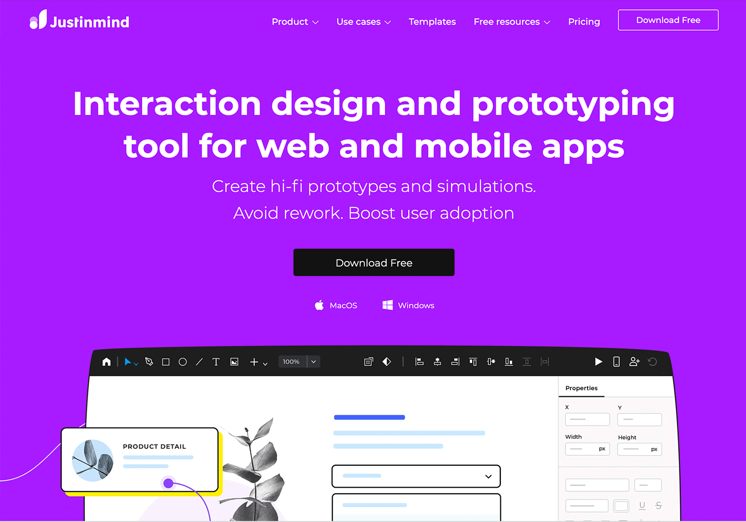 Justinmind prototyping tool homepage showcasing high-fidelity design and simulation features.