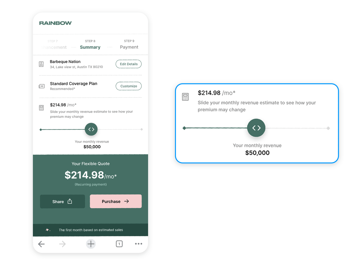 Slider to adjust monthly revenue and estimate premium cost