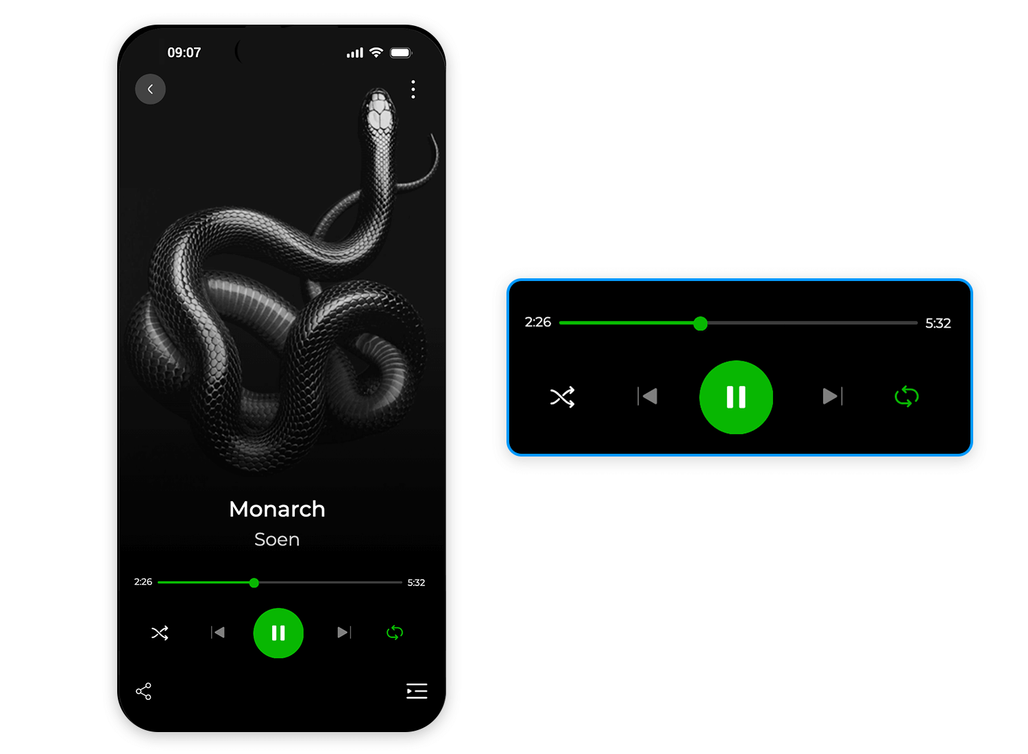 Music player interface with play, pause, and progress slider