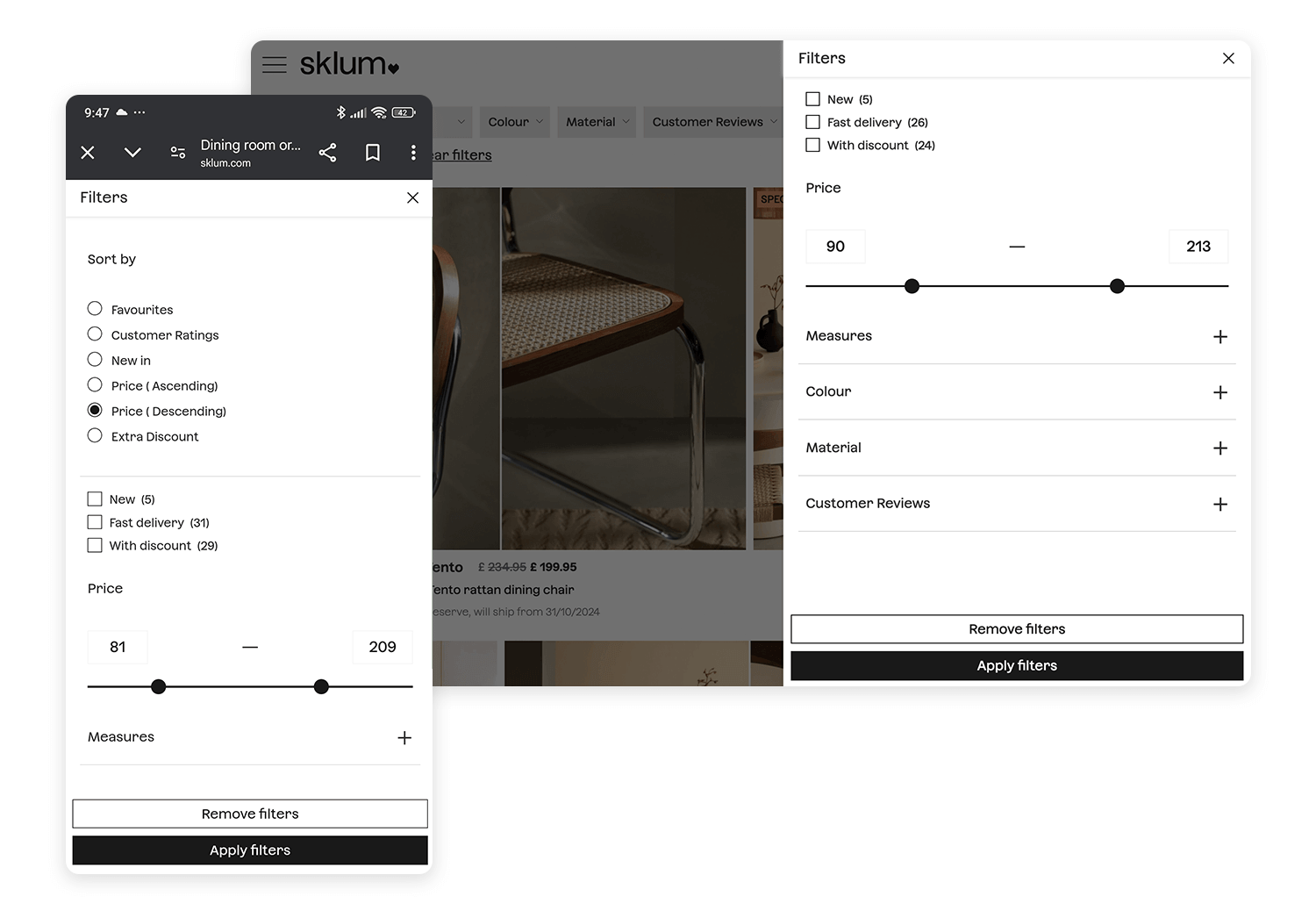 Product filter interface with price slider and sorting options