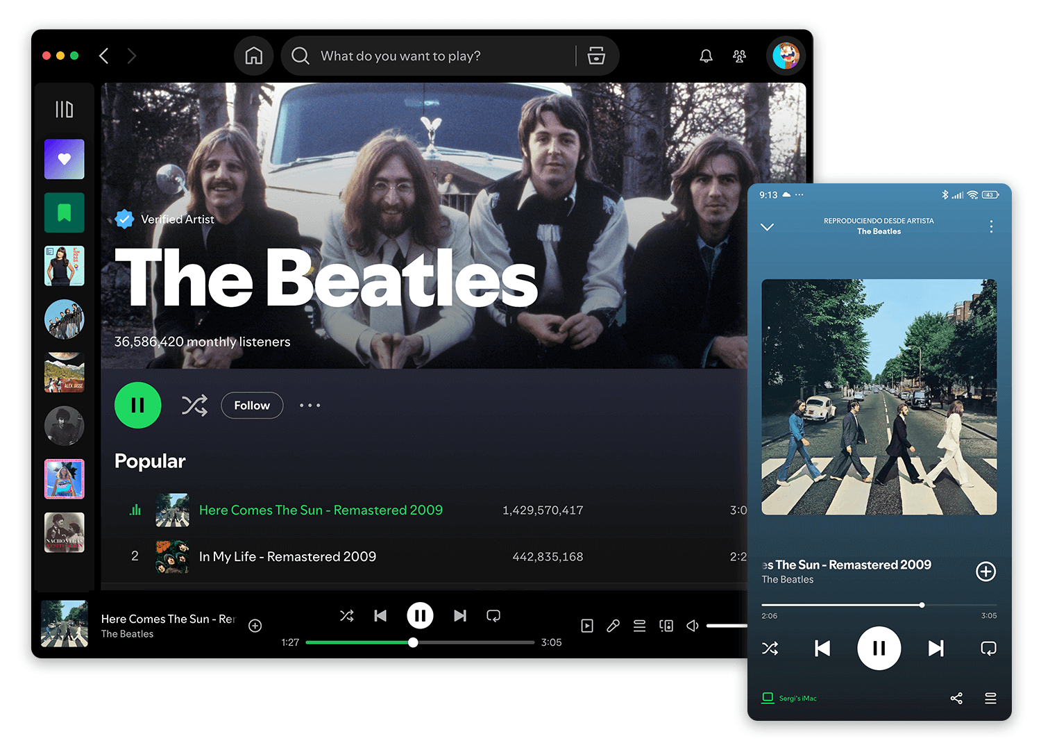 Spotify music player with playback slider for desktop and mobile