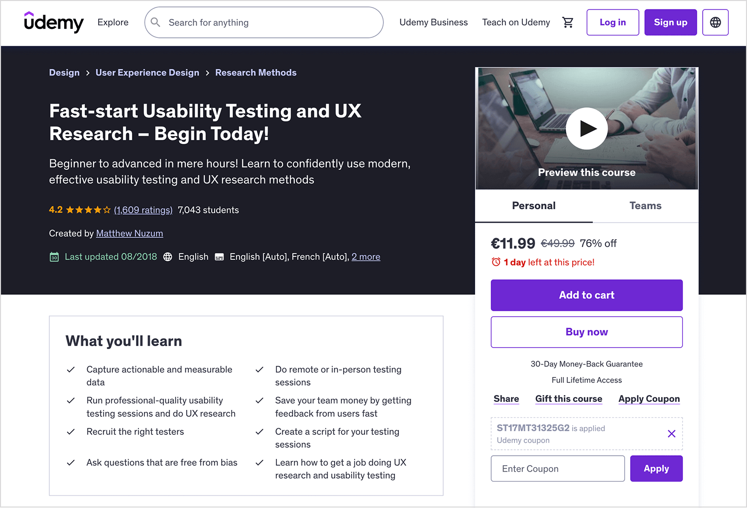 Udemy UX research and usability testing course.