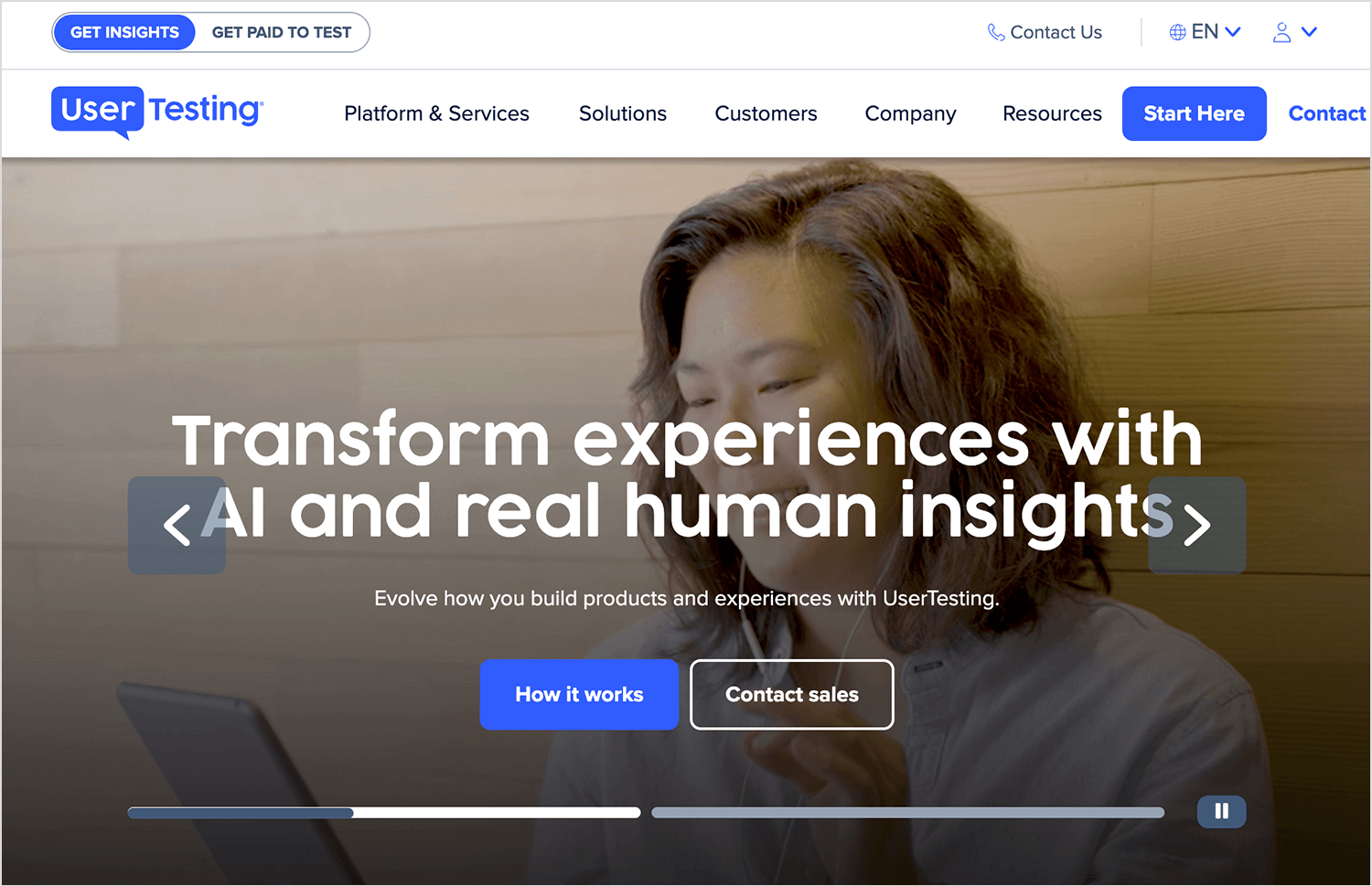 UserTesting homepage showcasing AI-powered user insights for UX research