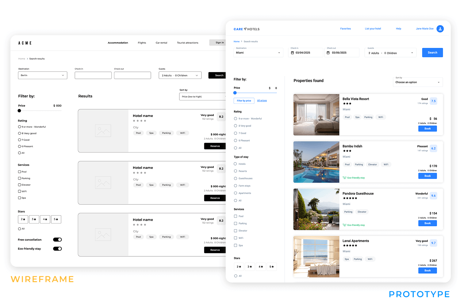 Side-by-side comparison of a UX wireframe and a high-fidelity prototype for a hotel booking website.