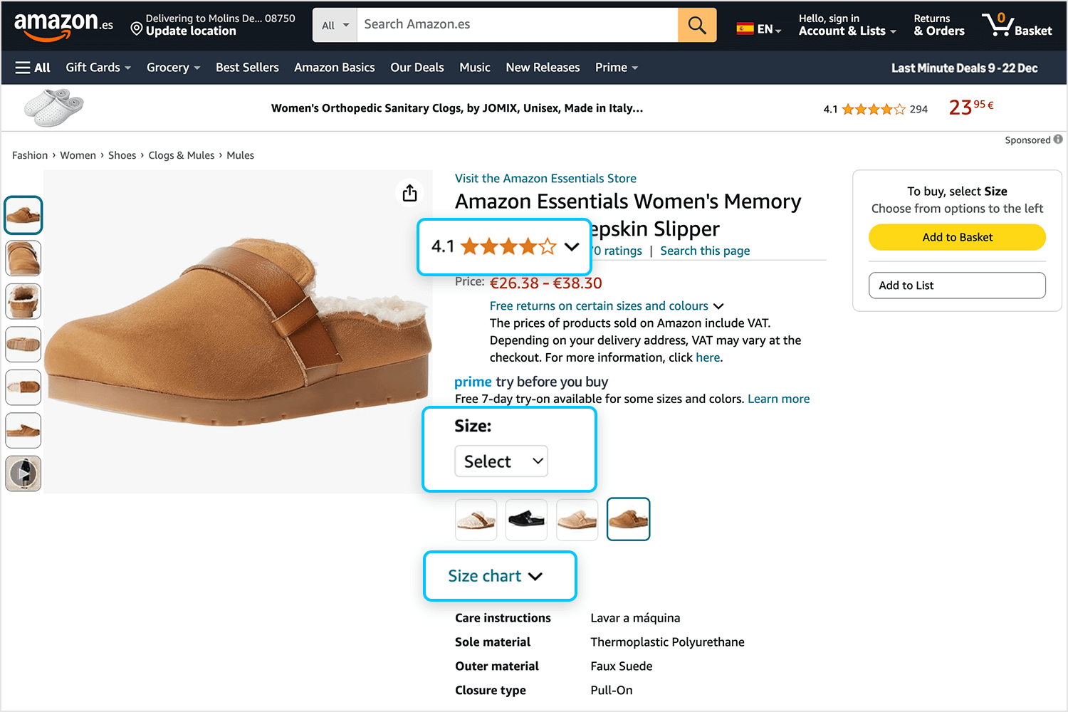 Amazon product page showcasing item details, reviews, size options, and dropdown menus