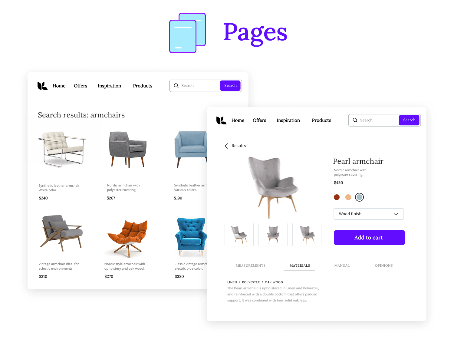 Pages in Atomic Design for search results and product details