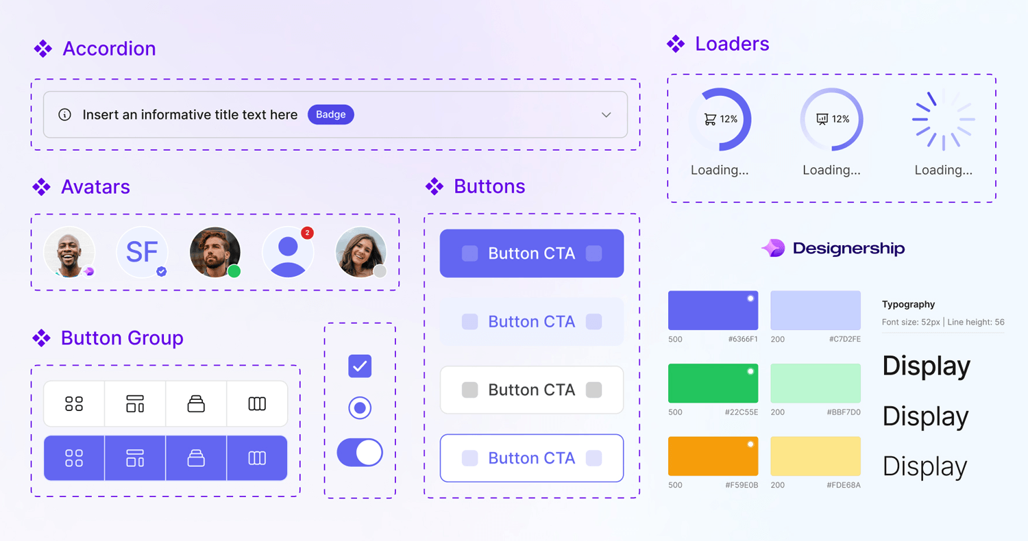 Components of an Atomic Design system including buttons, loaders, and avatars.