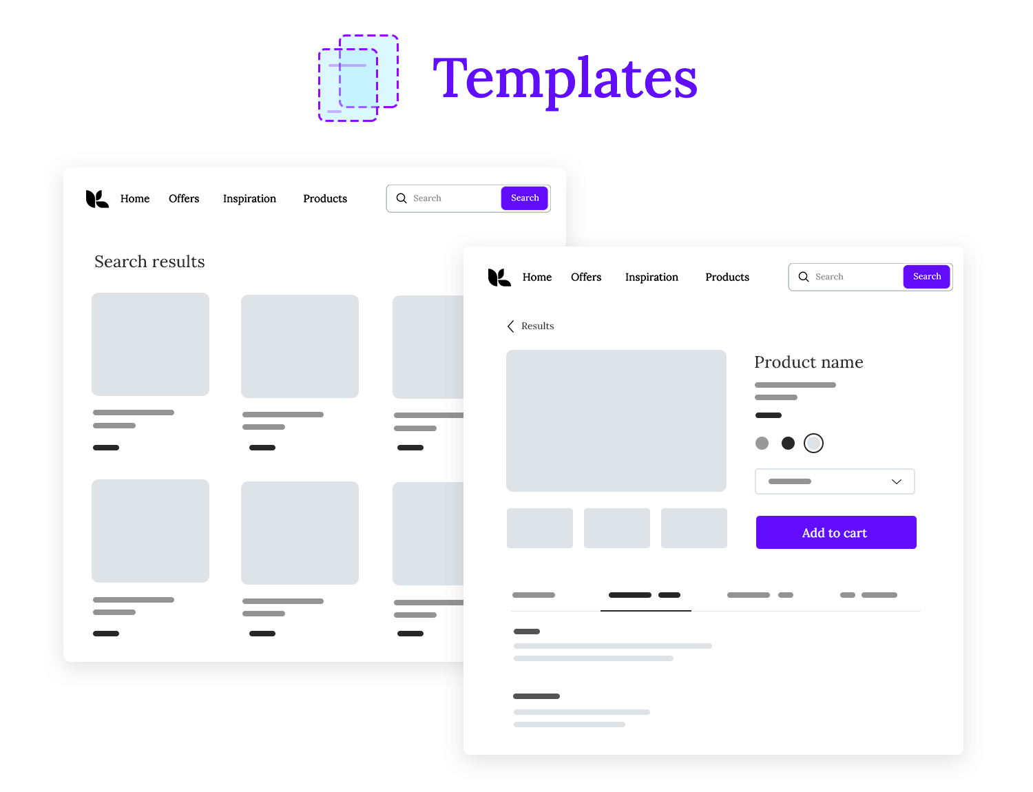 Templates in Atomic Design for search results and product pages.