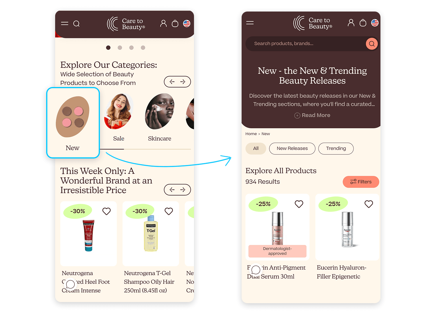 Care to Beauty app showcasing category exploration and progressive disclosure for new beauty releases.