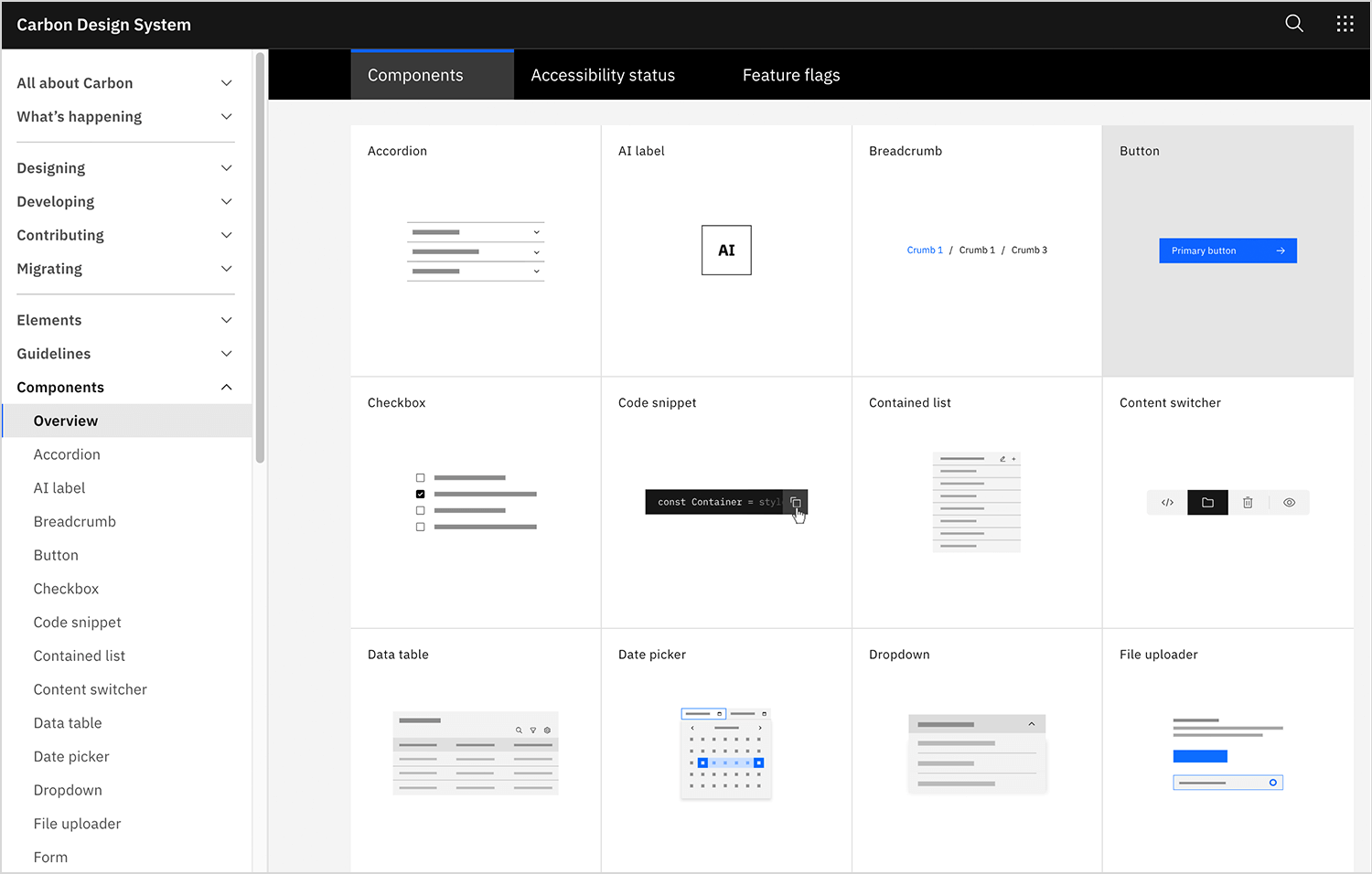 IBM Carbon Design System showcasing various components, including checkboxes, dropdowns, and buttons.