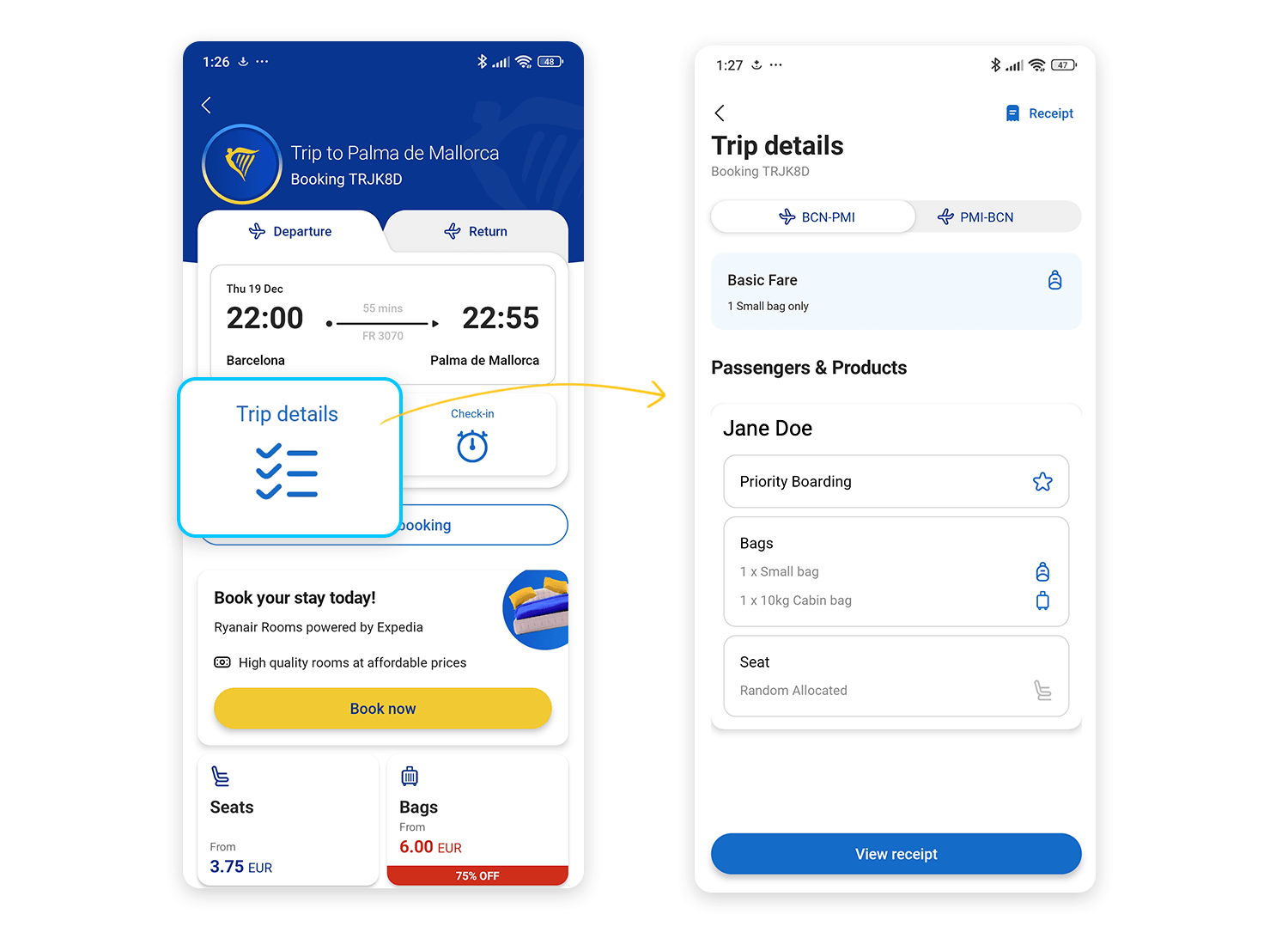 Ryanair app showing trip details with progressive disclosure for booking and passenger information.