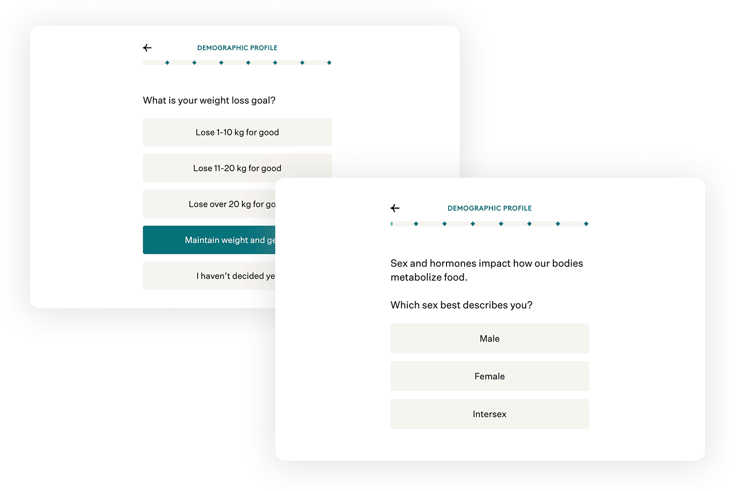 Step-by-step survey interface using progressive disclosure to gather demographic and weight loss goals.