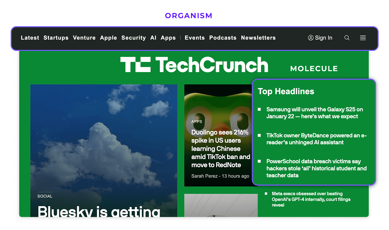 TechCrunch Atomic Design example with a navigation bar organism and headline list molecule