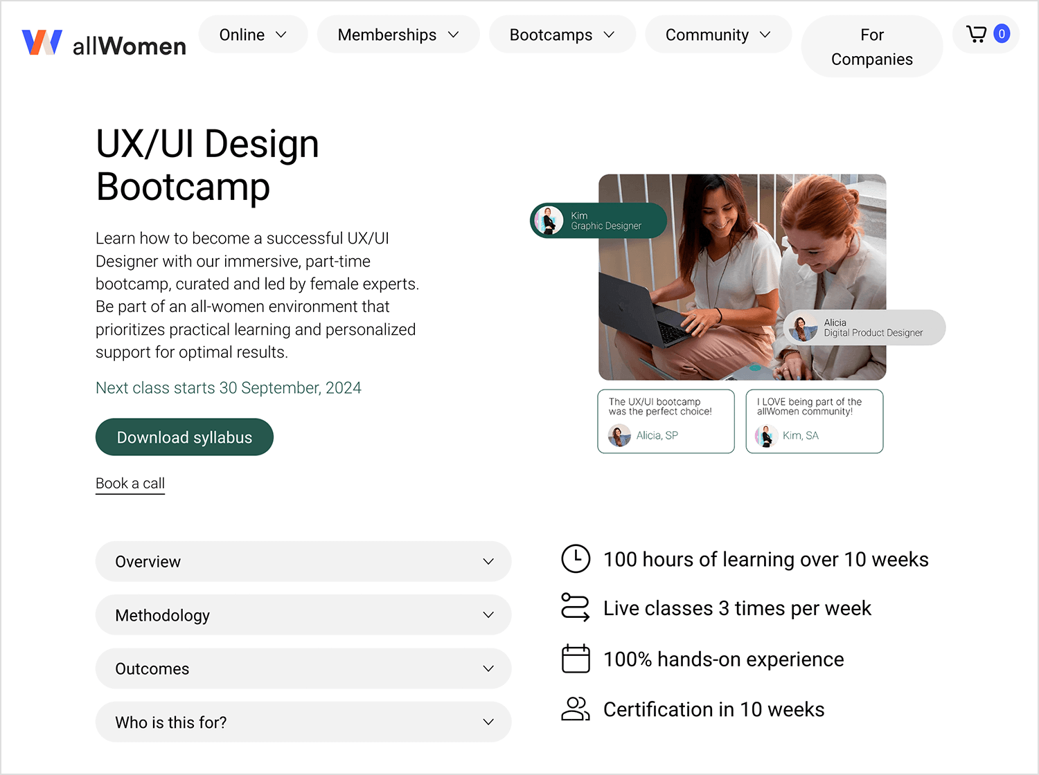 UX/UI Design Bootcamp by allWomen, offering 100 hours of learning over 10 weeks