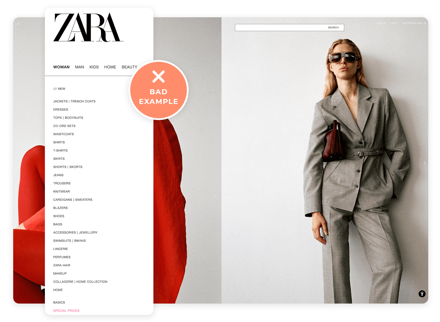 Zara website showing a cluttered menu, making it hard for users to find what they need