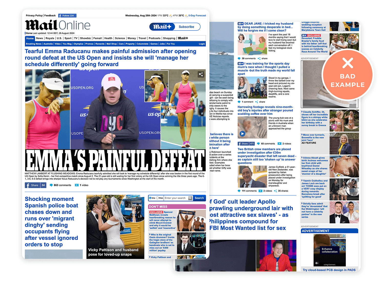 Overcrowded news website with excessive information and ads, leading to a cluttered and overwhelming user experience