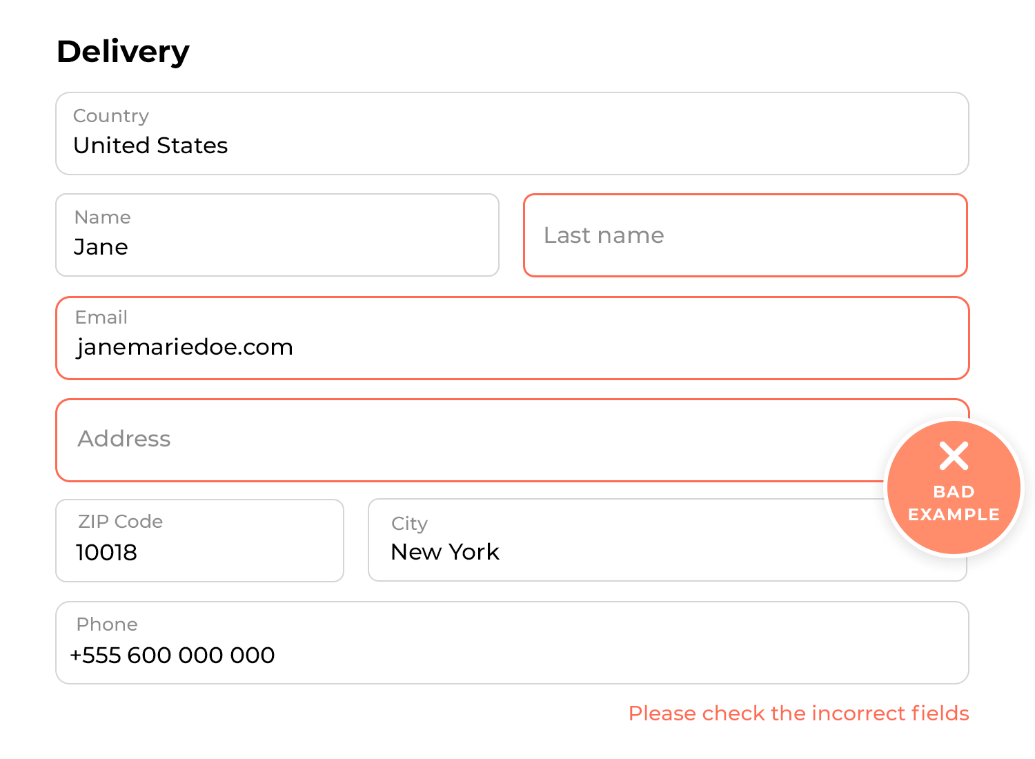 Poorly designed delivery form with unclear error messages, highlighting bad UX practices