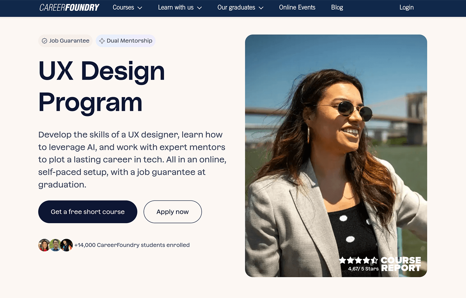 CareerFoundry's UX Design Program offers self-paced learning, mentorship, and a job guarantee with over 14,000 students enrolled