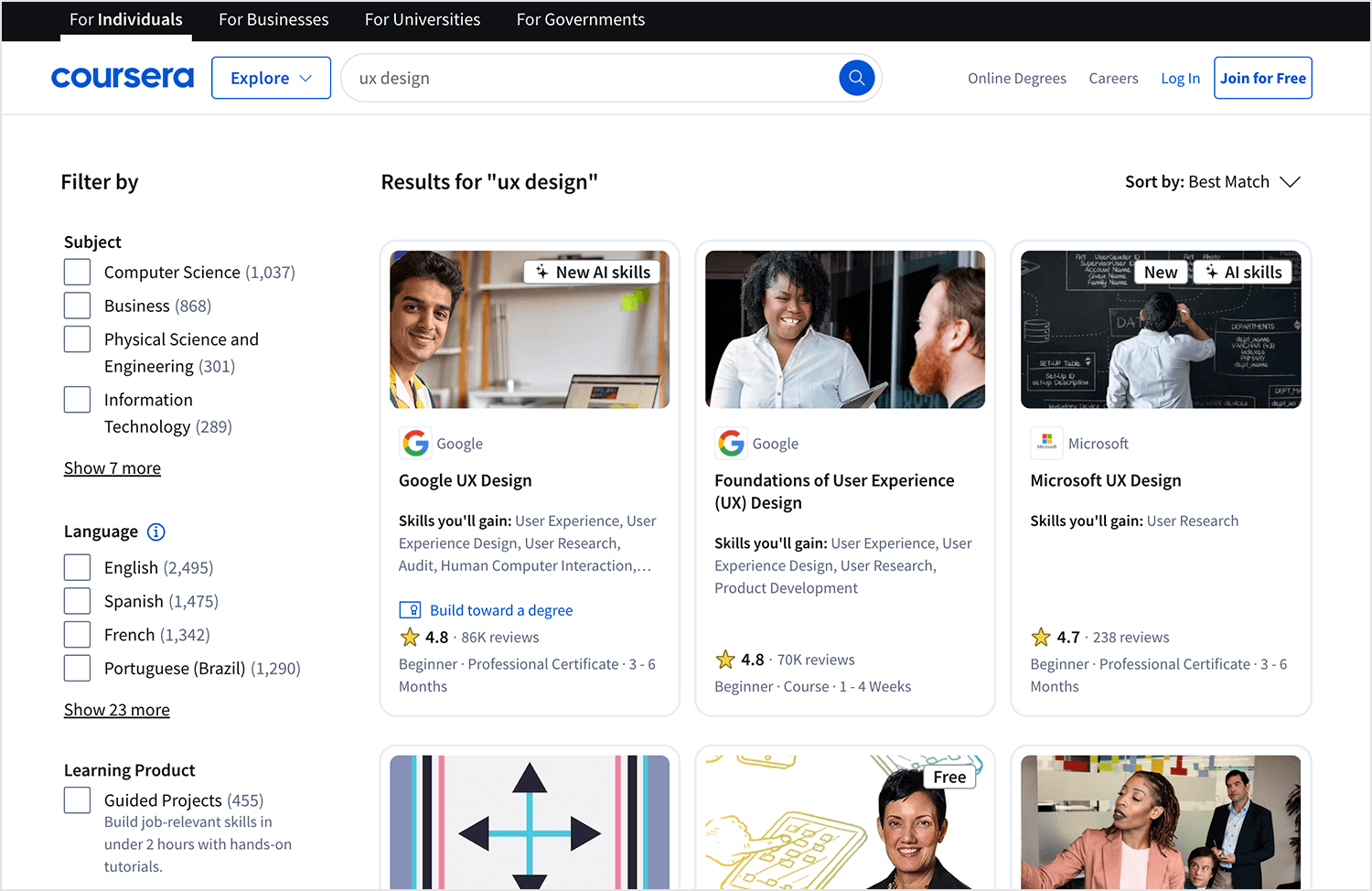 Coursera's UX design courses featuring programs from Google and Microsoft, highlighting ratings, skills, and course details