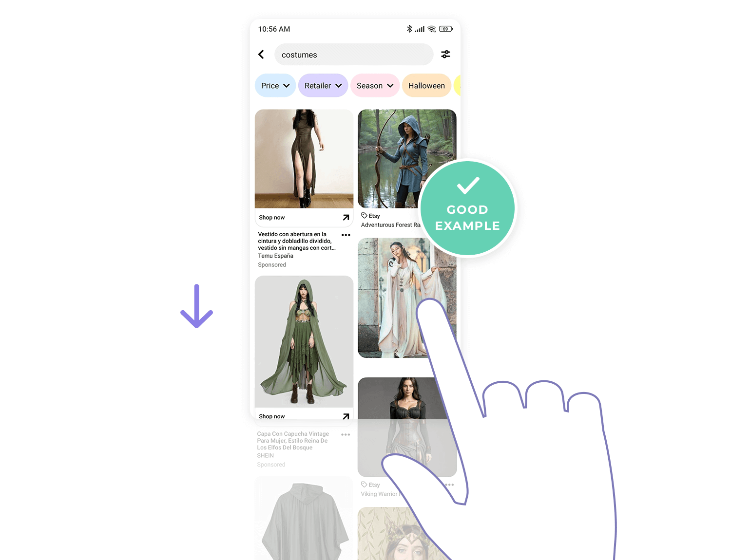 Mobile UI showing costume filters like price, retailer, and season for better shopping